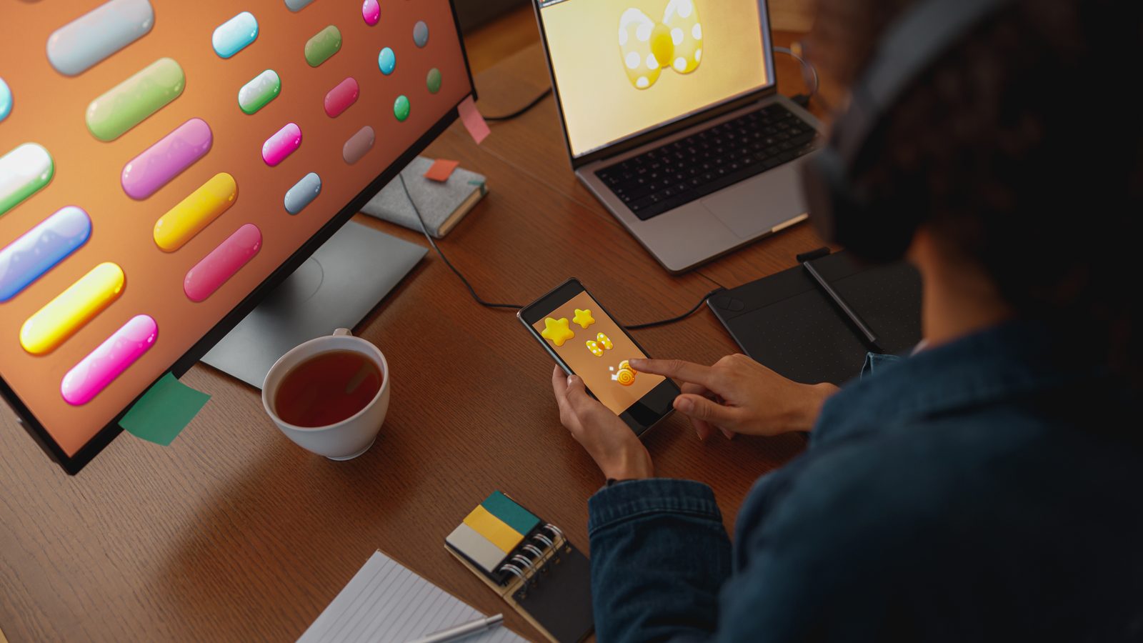 A person in headphones tests a colorful mobile game on a phone at a desk with a laptop and a large monitor.