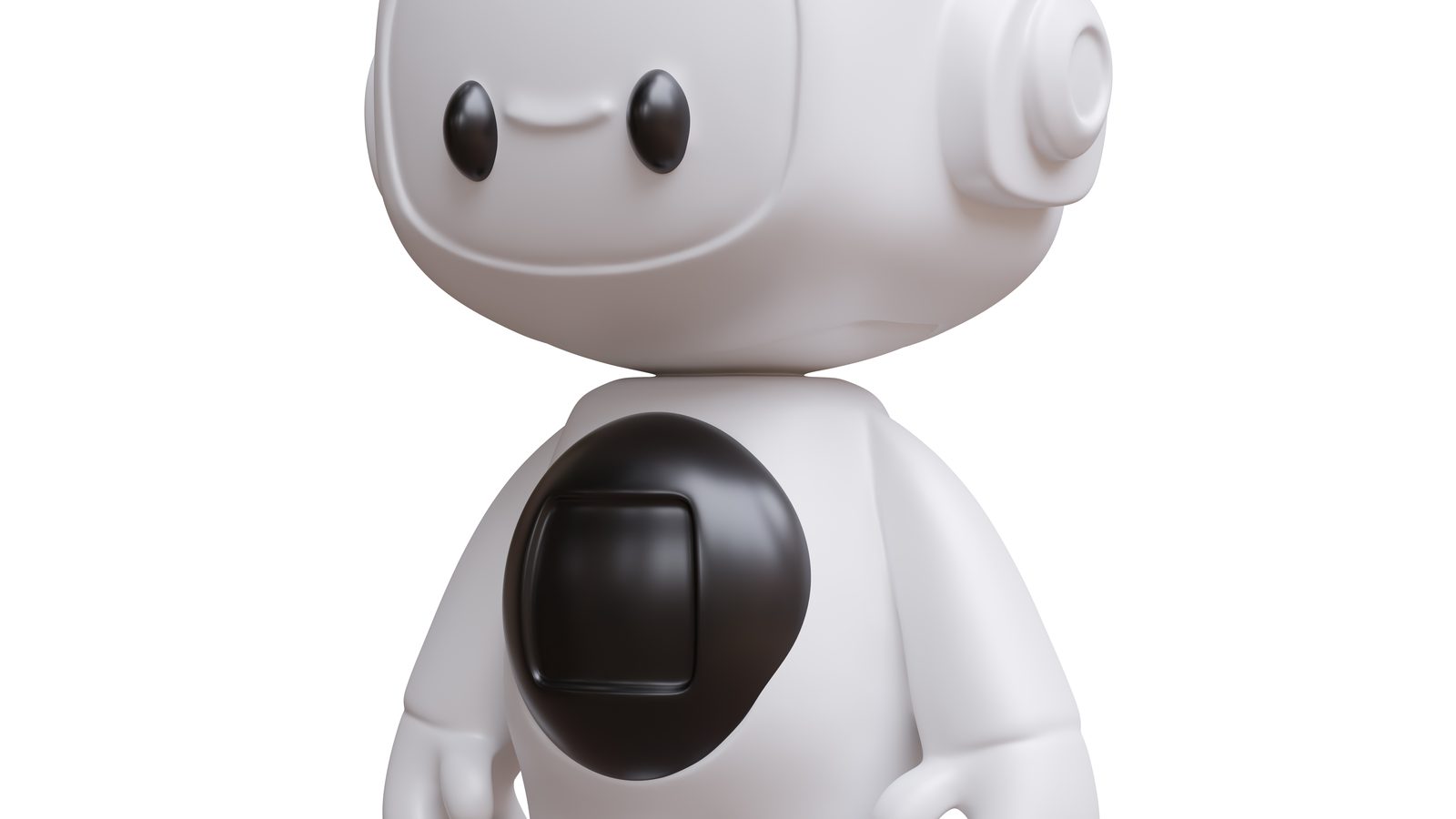 A smiling white toy-like robot with big round eyes, shown against a plain white background.