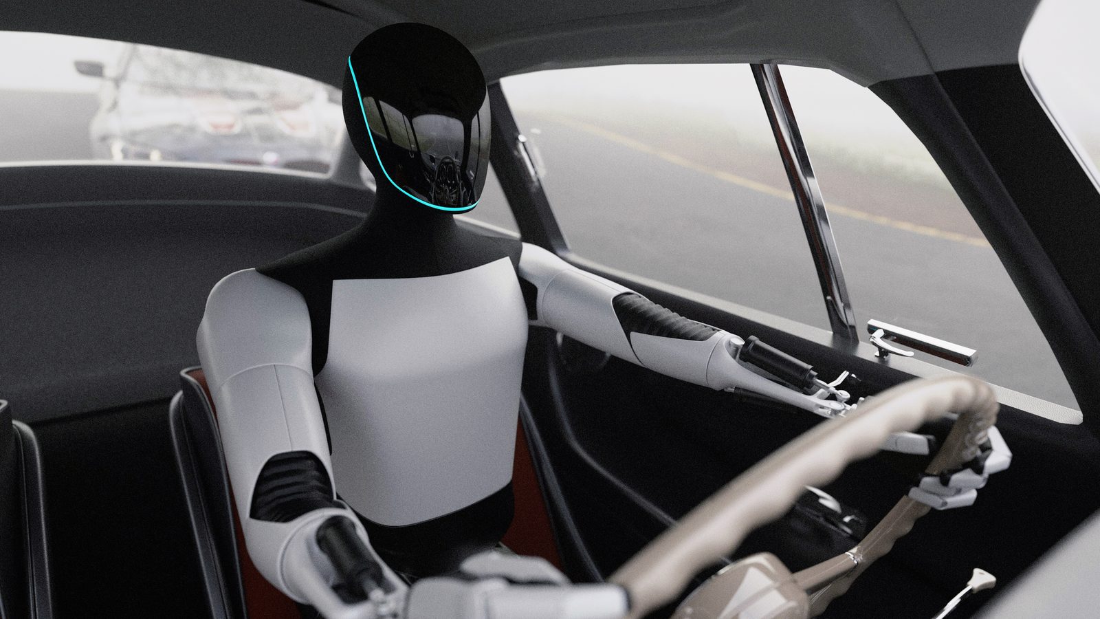 A white humanoid robot with a dark visor sits at the steering wheel of a car on a misty road.