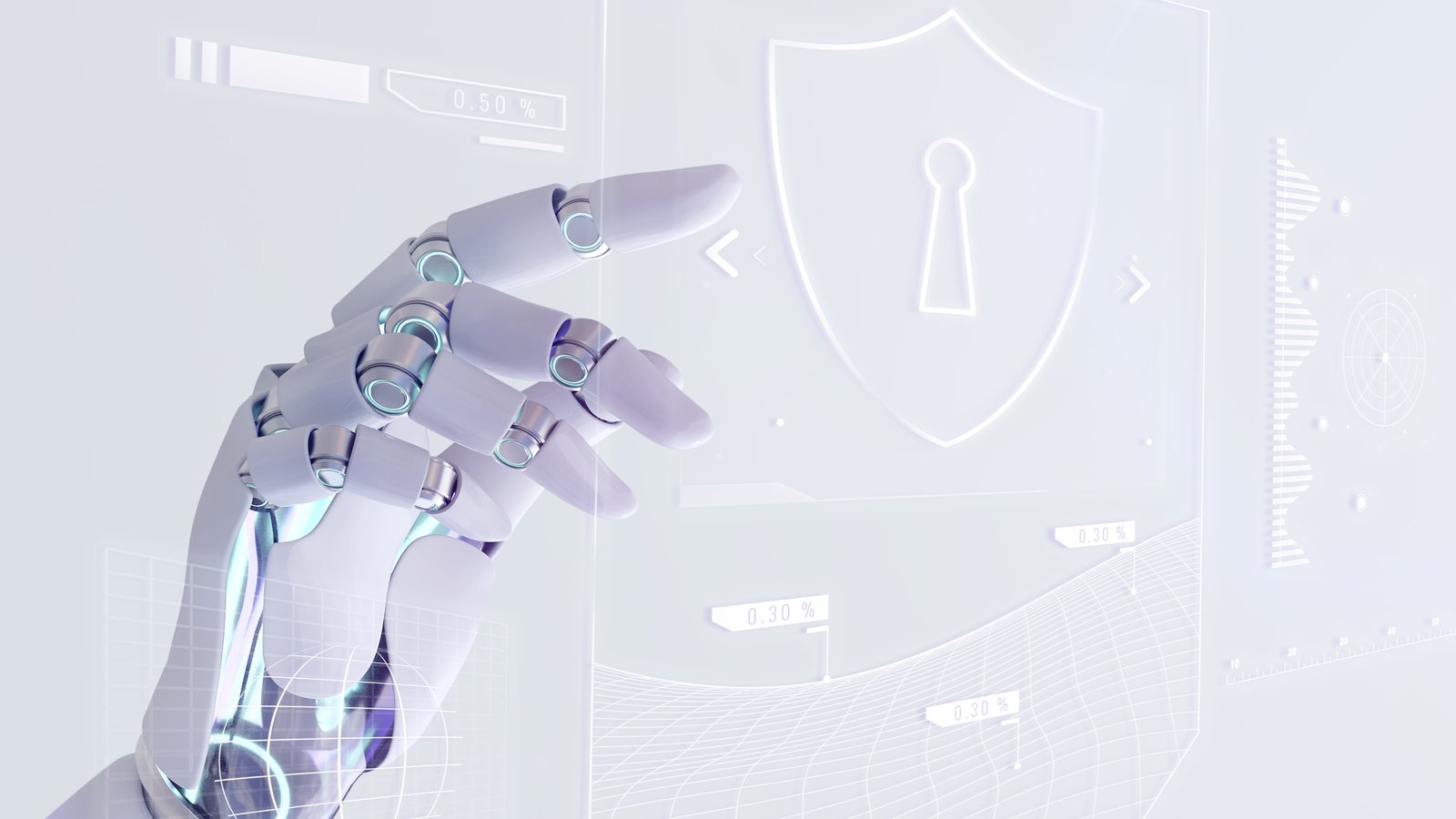 A white robotic hand reaches toward a glowing see-through panel with a shield and keyhole symbol on a pale background.